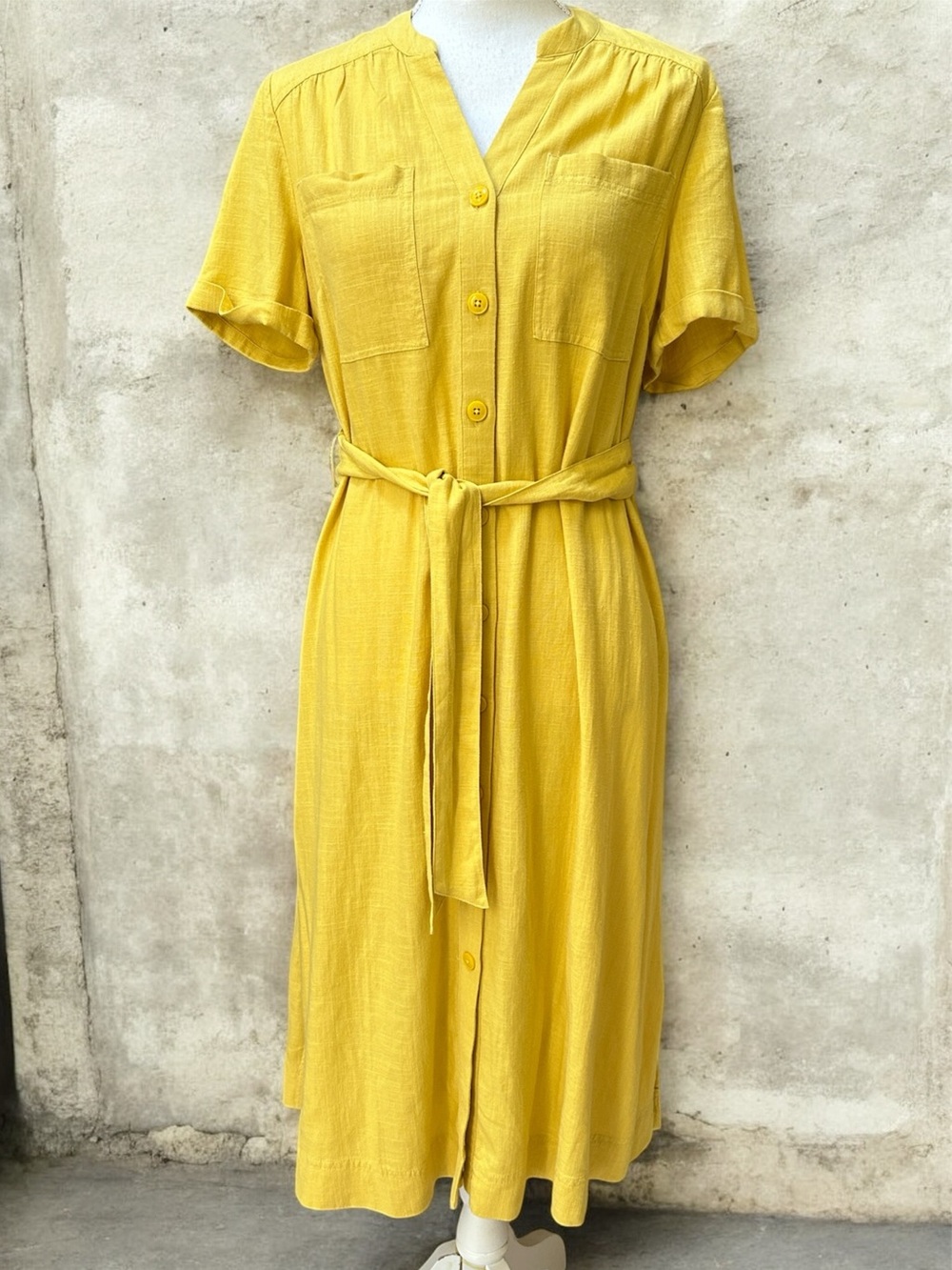 J Jill Patch Pocket Summer Yellow Linen Button Front Belt Tie Midi Shirt Dress